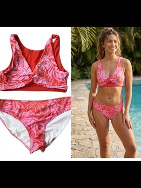 NEW NWT Victoria’s Secret Pink Tropical Monstera Twist Front Bikini Set XL